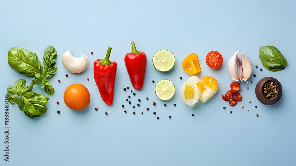 Aufkleber fresh vegetables, herbs and spices creating colorful pattern on blue background