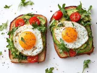 Two avocado toasts topped with fried eggs and fresh arugula on a white background offering a healthy and vibrant breakfast option with a top down view
