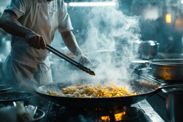 Chef cooking asian cuisine in industrial kitchen with wok and steam