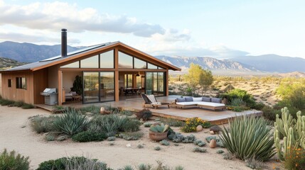 Obraz premium A spacious single-story house in a desert landscape, featuring a natural color palette and sustainable architecture.