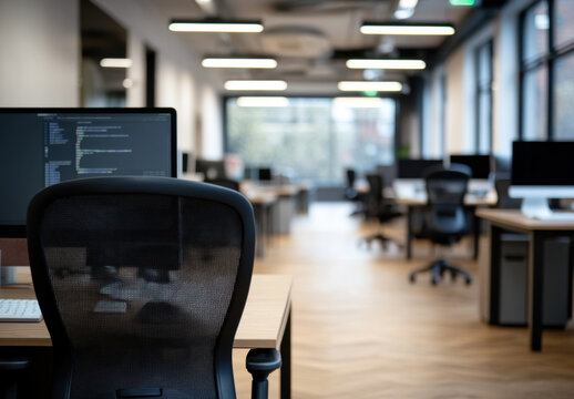 An open office layout showcases multiple desks and ergonomic chairs with computers, creating a productive workspace with natural light