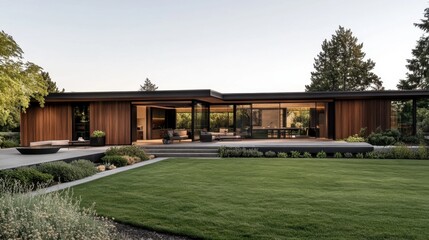 A striking flat-roof architectural home with wooden paneling, large open spaces, and a seamless indoor-outdoor transition.