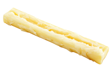 Close-up of a textured cheese stick on a white background