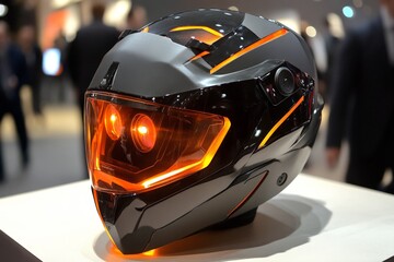 Fototapeta premium Innovative motorcycle helmet with integrated lighting displayed at a technology exhibition