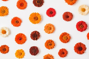 Fototapeta premium Vibrant orange and red flowers arranged on a white background, showcasing a cheerful and lively floral pattern, perfect for seasonal decor and nature themed projects