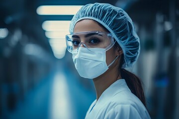 Healthcare professional in protective gear stands ready in a clinical setting amidst a calm atmosphere