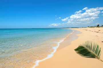 Palm leaf, golden sands, and a clear sea under the sunny sky.