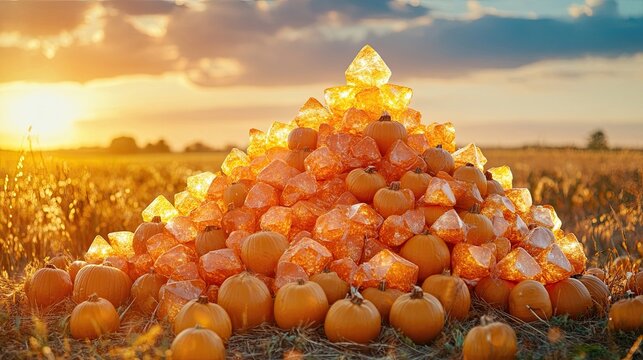Large pile of ripe pumpkins in a field, representing the harvest season, Halloween, and the joys of autumn, perfect for seasonal imagery in agriculture, food, and celebration.