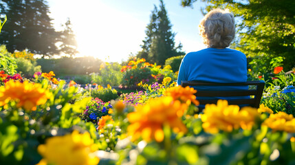 Fototapeta premium A person relaxes on a bench among colorful flowers in warm afternoon sunlight