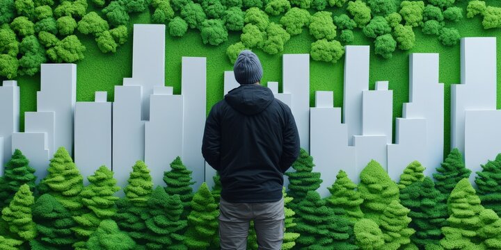 Stop pollution eco-friendly concept. A person gazes at a green cityscape backdrop with trees.