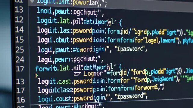 Dynamic movement of colorful html code flowing across computer screen in high definition