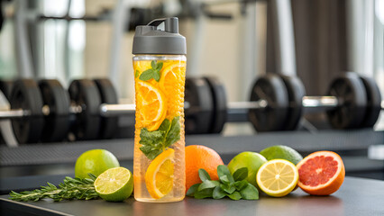 immunity boosters hydration Refreshing infused water bottle with citrus fruits and herbs, set in a gym environment.