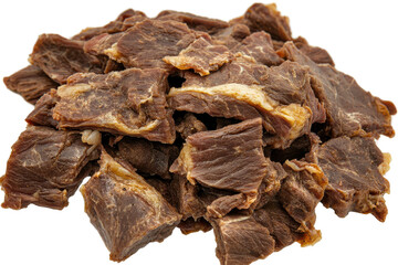 Close-up of dried meat pieces on a white background, ideal for culinary use
