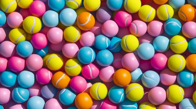 Pattern of vibrant new yellow tennis balls arranged closely together, forming a bright and textured sports background ideal for tennis-themed designs and athletic concepts