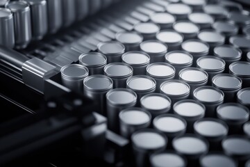 Fototapeta premium Bird s-eye view of a food production facility, factory robots handling rows of aluminum cans, efficiency in modern manufacturing, cinematic realism, 8K ultra-detailed textures