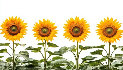 Fototapeta premium Four Vibrant Yellow Sunflowers in a Row, Isolated on a White Background with Ample Copy Space
