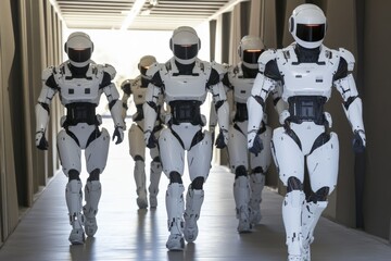 Robots march in formation through a futuristic corridor, showcasing advanced technology and design features at a modern facility