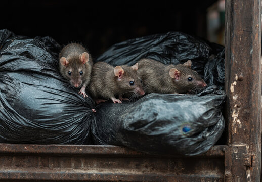 Three rats navigate the surface of black plastic garbage bags in a city alley, showcasing their agility and adaptability in an urban environment