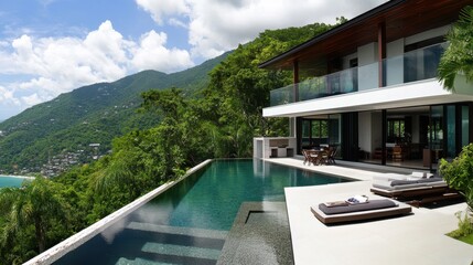 Fototapeta premium A stylish modern two-story villa with a private infinity pool, lush landscaping, and a sleek glass balcony.