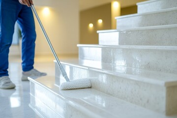 Cleaning Service Person Mopping Marble Staircase with Long Handle Mop