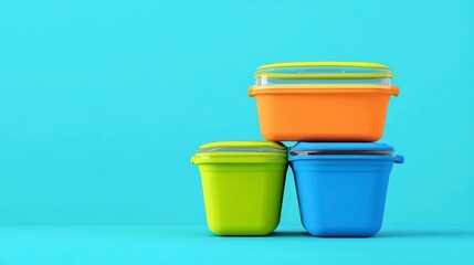 Colorful Plastic Food Storage Containers On Blue Backgrounds