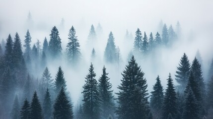 Obraz premium Misty Mountain Forest: Enchanting Winter Wonderland of Evergreen Trees in Fog