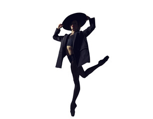 ballerina in the style of fashion total black in a jacket and hat poses ballet elements, isolated on transparent background, png