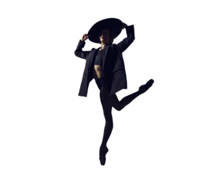 ballerina in the style of fashion total black in a jacket and hat poses ballet elements, isolated on transparent background, png