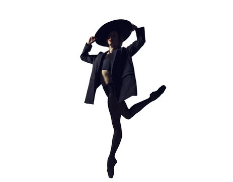 ballerina in the style of fashion total black in a jacket and hat poses ballet elements, isolated on transparent background, png