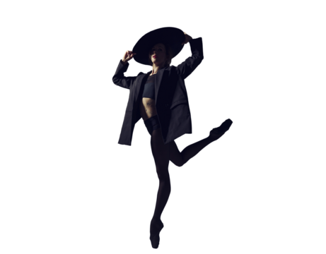 ballerina in the style of fashion total black in a jacket and hat poses ballet elements, isolated on transparent background, png