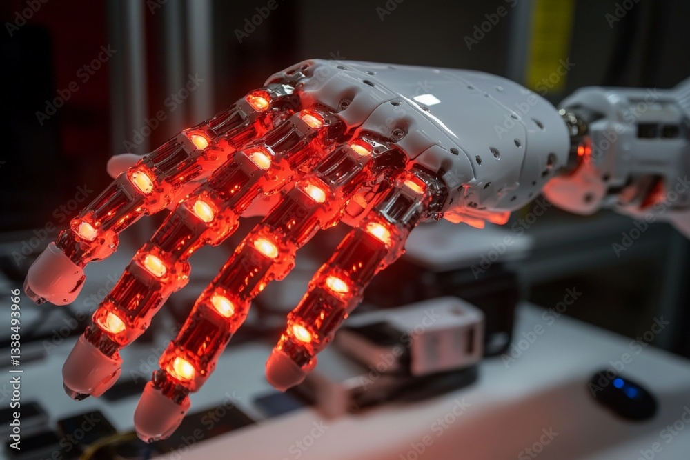 Aufkleber Robotic hand with illuminated LEDs showcasing advanced technology in a modern lab environment