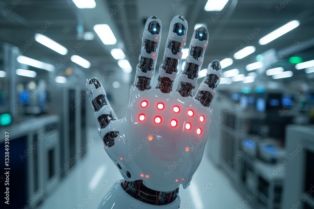 Aufkleber advanced robotic hand showcasing intricate technology in a modern manufacturing facility