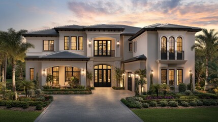 Fototapeta premium A stylish two-story modern home at twilight, with warm interior lighting and a sophisticated driveway.