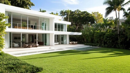 A stylish white modern residence with large glass sliding doors, seamlessly connecting to a lush backyard.