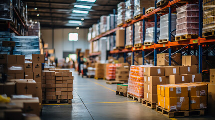 Retail Warehouse full of Shelves with Goods in Cardboard Boxes and Packages.