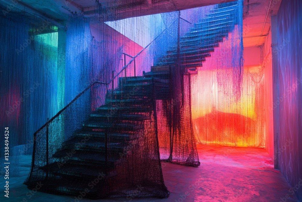 Aufkleber Brightly Colored Staircase in Art Installation with Strings Creating a Dreamlike Atmosphere