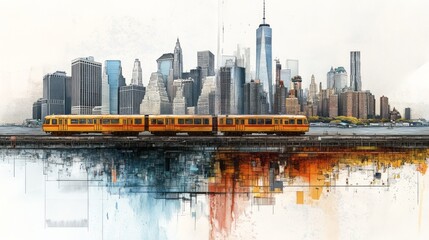 Fototapeta premium Watercolor style rendering of a train passing through New York