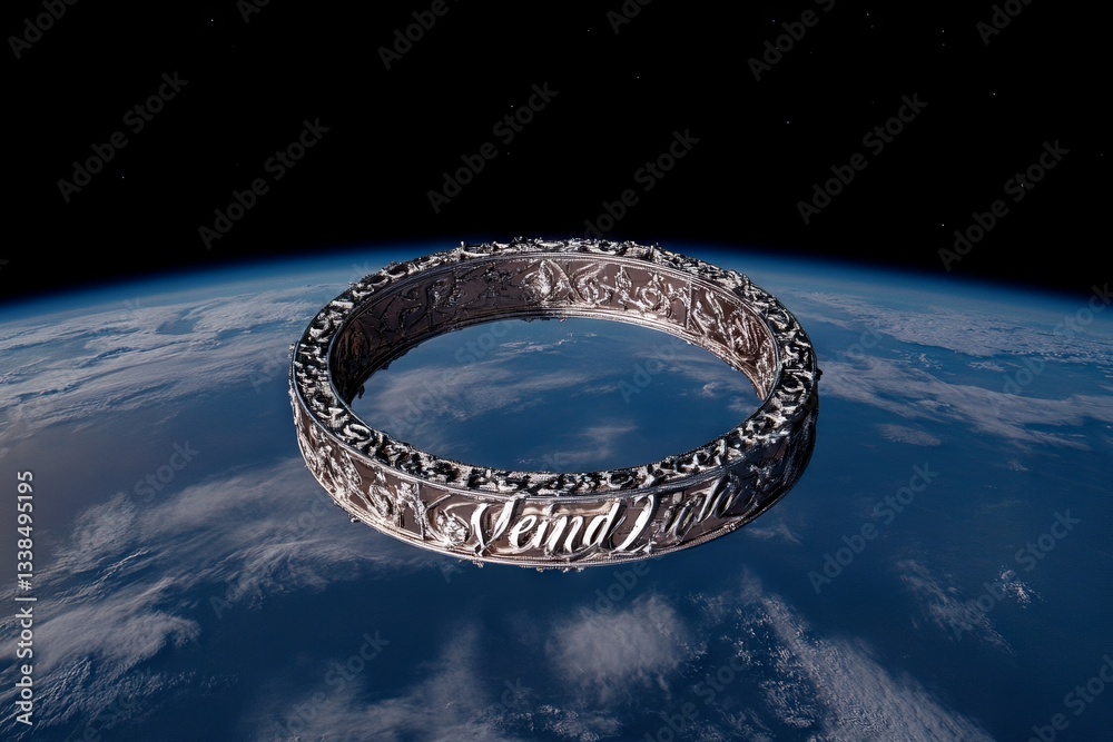 Poster stunning metallic ring orbiting earth with intricate designs and celestial backdrop