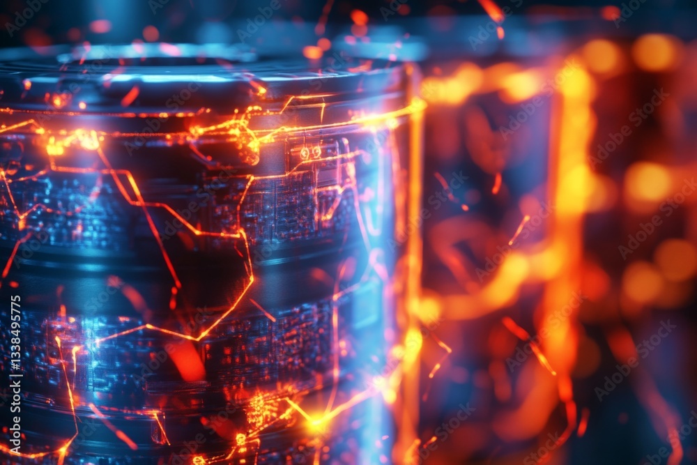 Poster brightly lit futuristic energy cores glowing with electric patterns in a dark, high-tech environment
