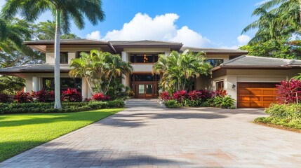 Fototapeta premium A two-story modern home with a landscaped front yard, tropical plants, and a stylish entrance pathway.