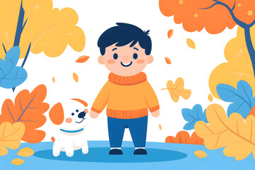 Child painter painting in autumn forest, illustration of outdoor activity scene in Beginning of Autumn festival