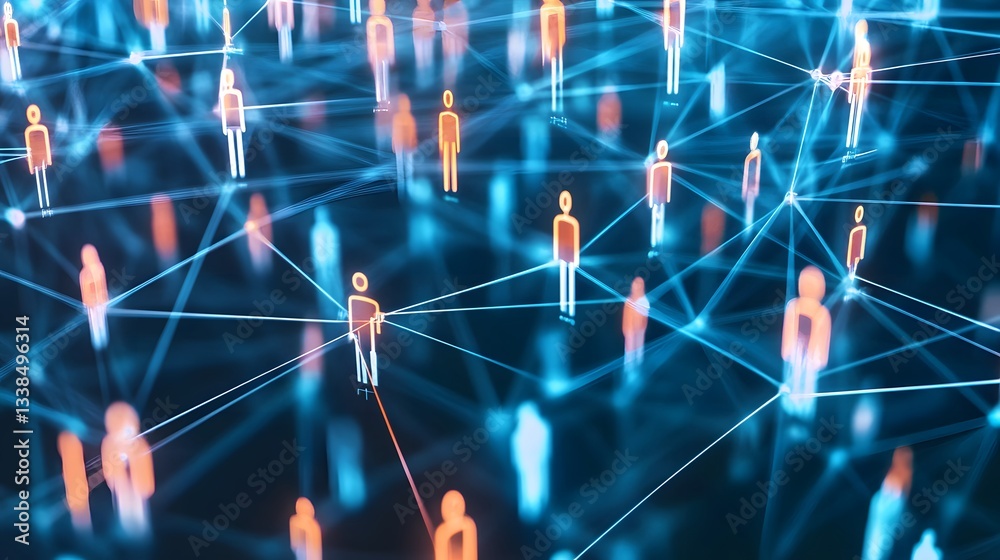Poster network connecting glowing human icon figures representing global communication