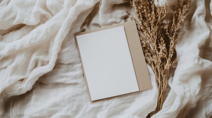 Stationery card Mock-up template in modern minimalist aesthetic. Organic template for product showcase with copy space. Bohemian stationery for local business with place for text.