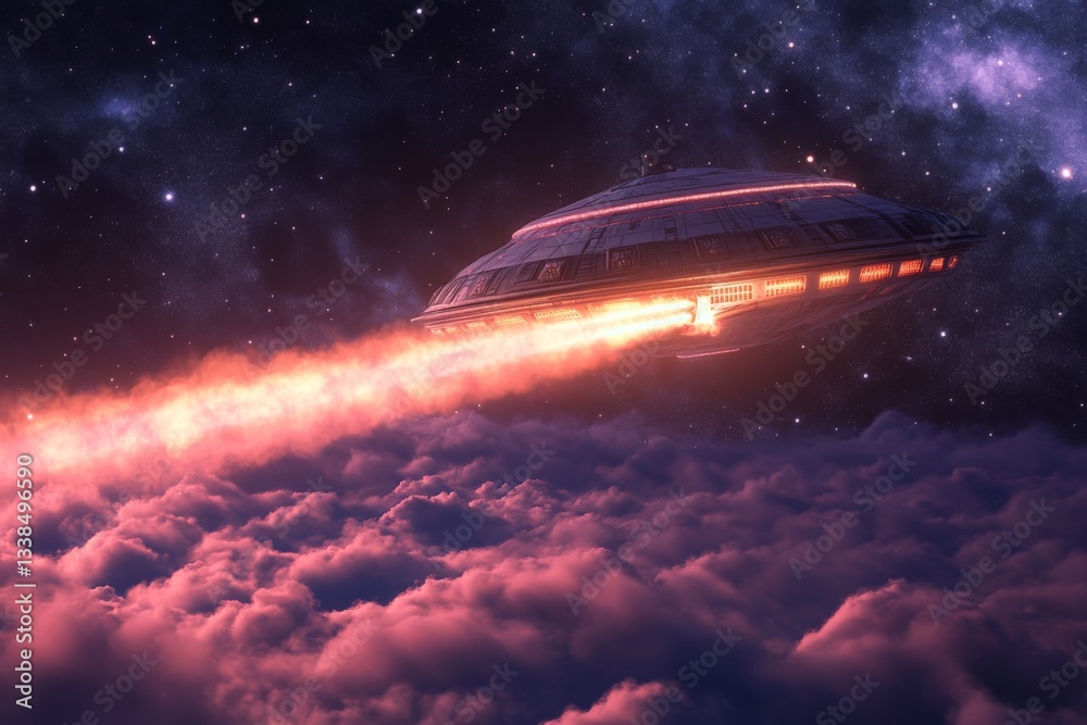 Aufkleber spaceship travels through a vibrant nebula with glowing trails in an expansive universe