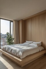 Serene bedroom interior with natural light wooden accents and a comfortable bed near a large window creating a peaceful ambiance perfect for relaxation