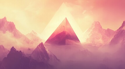 Fototapeta premium Mystic Mountain Peaks: A Surreal Sunrise Landscape with Geometric Pyramid