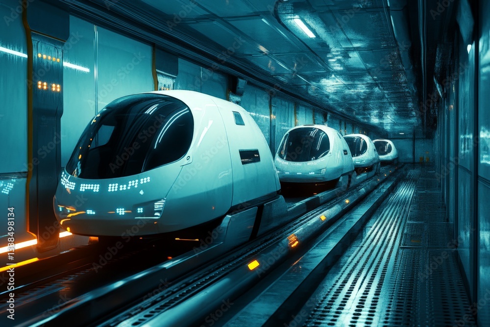 Poster futuristic autonomous pods in a tunnel travel on a magnetic levitation track in a futuristic transpo