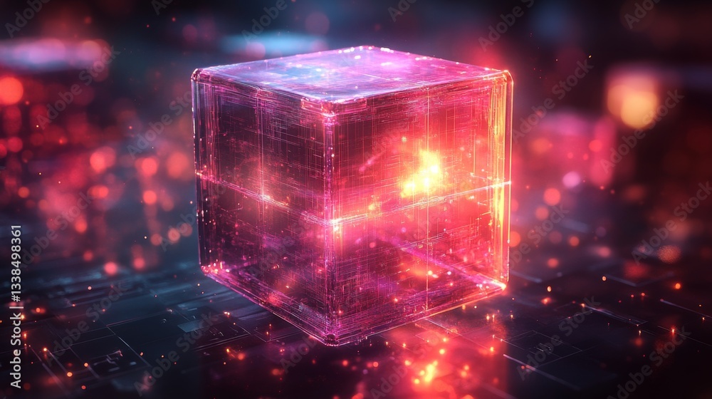 Poster A vivid representation of a quantum cube illustrates the core concepts of quantum computing, showcasing qubits, superposition, and entanglement in an engaging visual format.