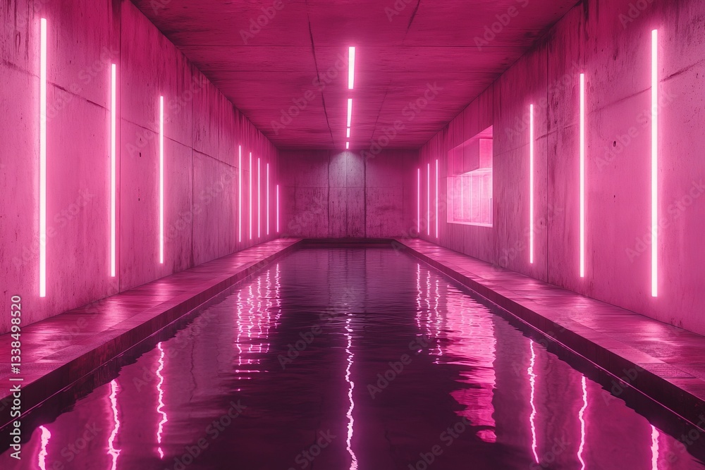 Poster concrete corridor with pool and neon lights creating a pink atmosphere