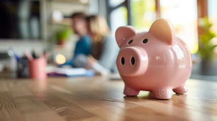 Couple discussing family budget and financial goals with a piggy bank in their home office